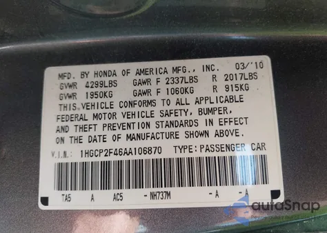 2010 Honda Accord 2.4 Lx-P from USA, damaged, VIN 1HGCP2F46AA106870